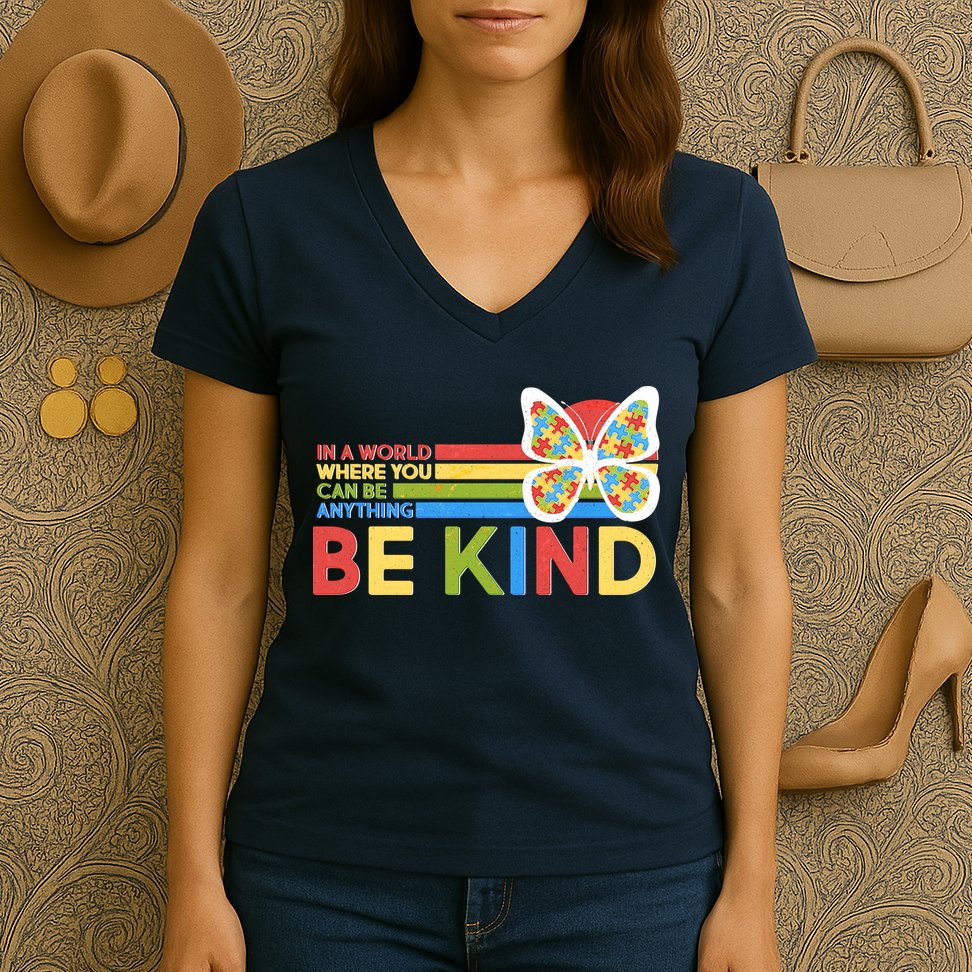 In A World Where You Can Be Anything Be Kind Autism Awareness Women's V-Neck T-Shirt