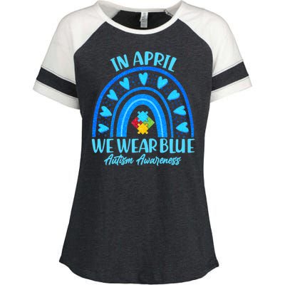 In April We Wear Blue Autism Awareness Enza Ladies Jersey Colorblock Tee