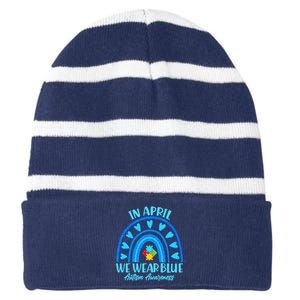 In April We Wear Blue Autism Awareness Striped Beanie with Solid Band