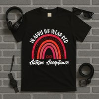 In April We Wear Red Autism Acceptance Red Rainbow T-Shirt