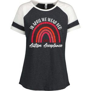 In April We Wear Red Autism Acceptance Red Rainbow Enza Ladies Jersey Colorblock Tee