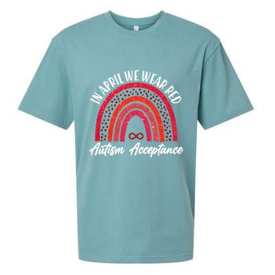 In April We Wear Red Autism Acceptance Red Rainbow Sueded Cloud Jersey T-Shirt
