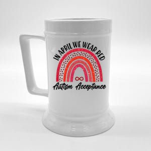 In April We Wear Red Autism Acceptance Red Rainbow Beer Stein