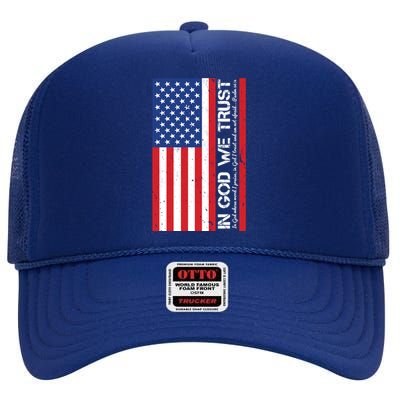 In God We Trust Psalm 56:4 US Flag High Crown Mesh Back Trucker Hat