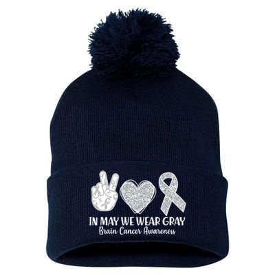 In May We Wear Gray Brain Cancer Awareness Pom Pom 12in Knit Beanie