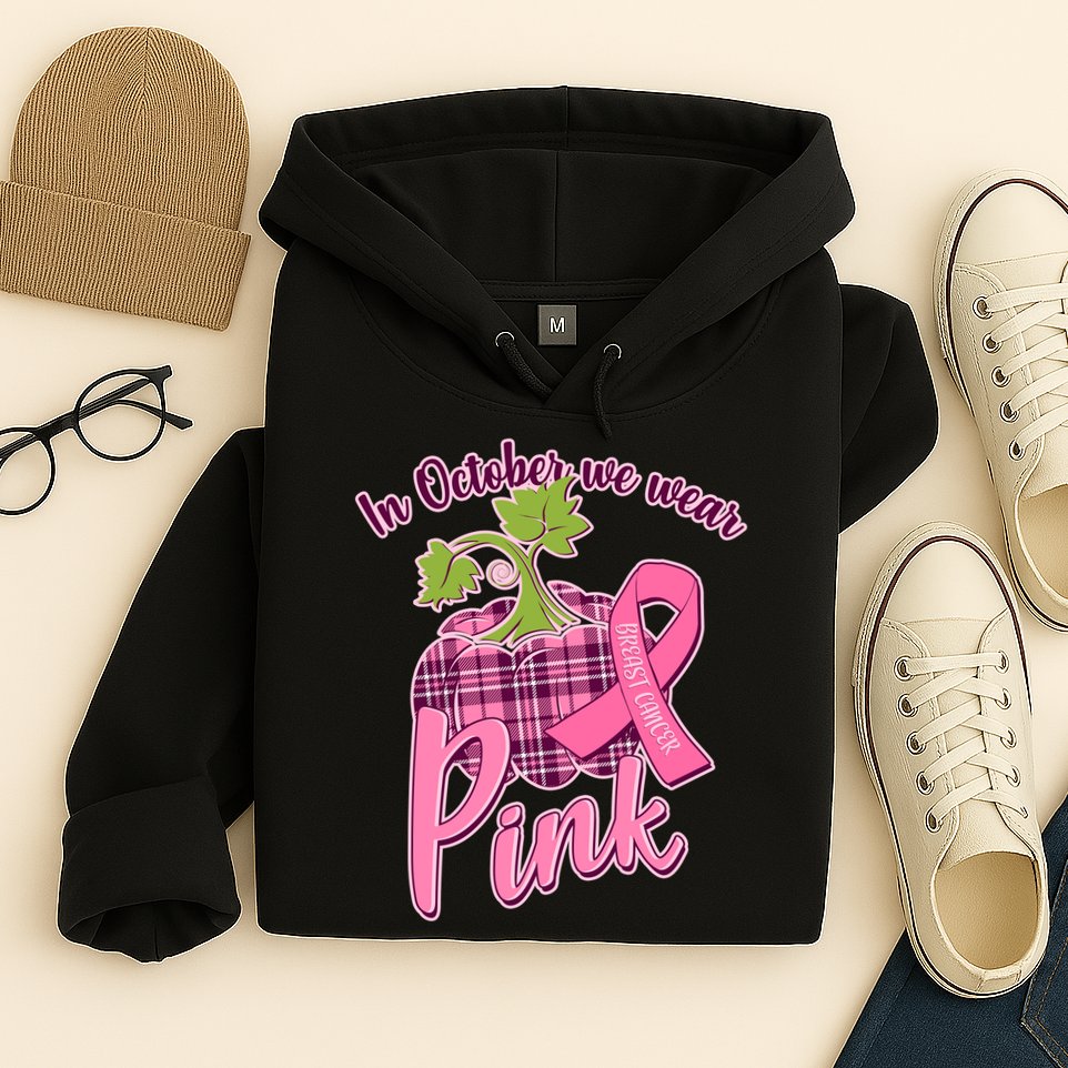 In October We Wear Pink Breast Cancer Autumn Pumpkin Hoodie