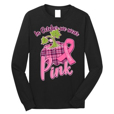 In October We Wear Pink Breast Cancer Autumn Pumpkin Long Sleeve Shirt