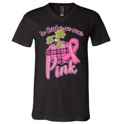 In October We Wear Pink Breast Cancer Autumn Pumpkin V-Neck T-Shirt