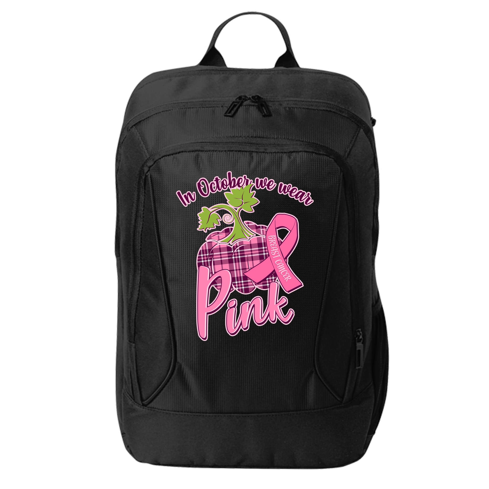 In October We Wear Pink Breast Cancer Autumn Pumpkin City Backpack