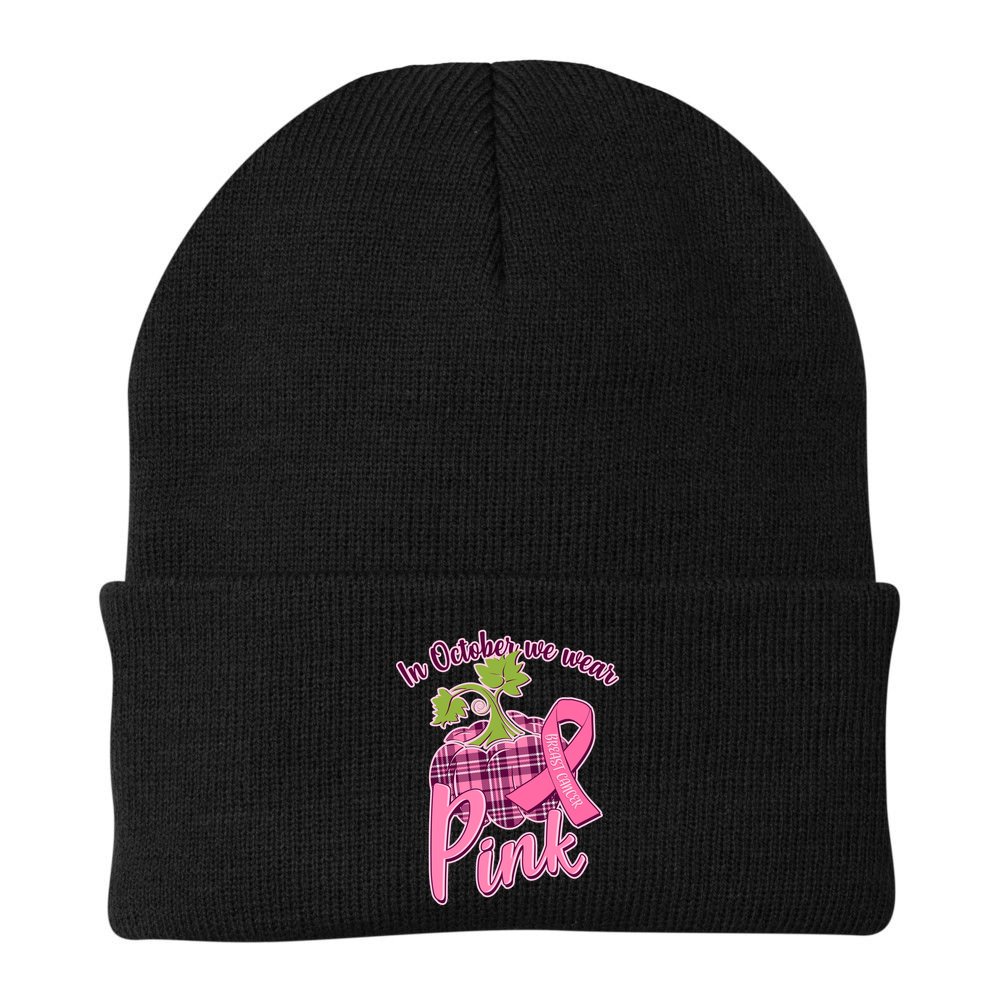 In October We Wear Pink Breast Cancer Autumn Pumpkin Beanie