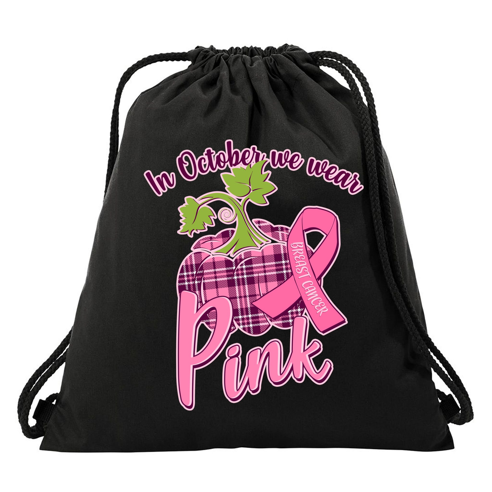 In October We Wear Pink Breast Cancer Autumn Pumpkin Drawstring Bag