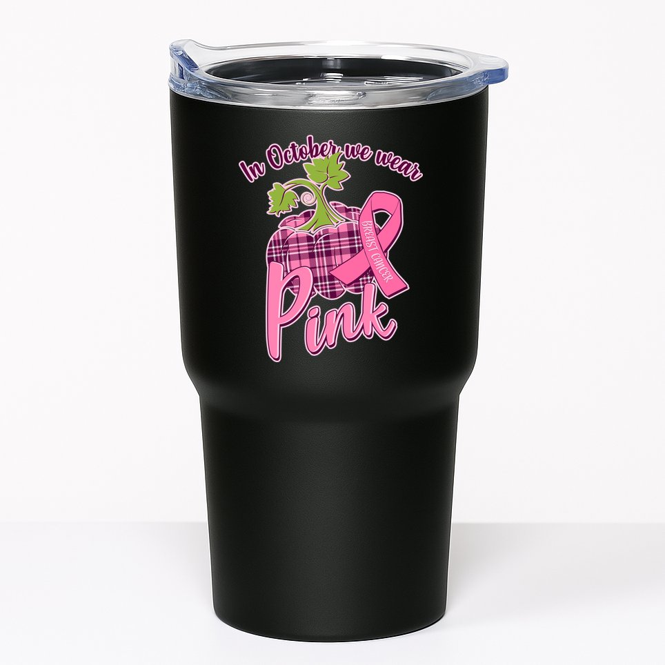 In October We Wear Pink Breast Cancer Autumn Pumpkin Tumbler