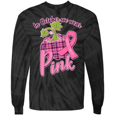 In October We Wear Pink Breast Cancer Autumn Pumpkin Tie-Dye Long Sleeve Shirt