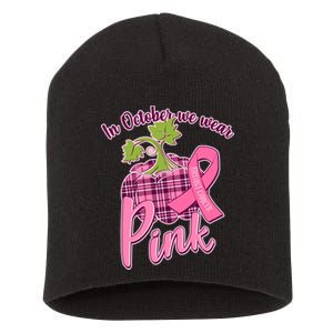 In October We Wear Pink Breast Cancer Autumn Pumpkin Short Acrylic Beanie