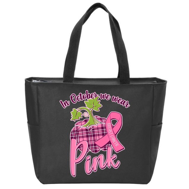 In October We Wear Pink Breast Cancer Autumn Pumpkin Zip Tote Bag
