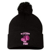 In October We Wear Pink Breast Cancer Awareness Pom Pom 12in Knit Beanie