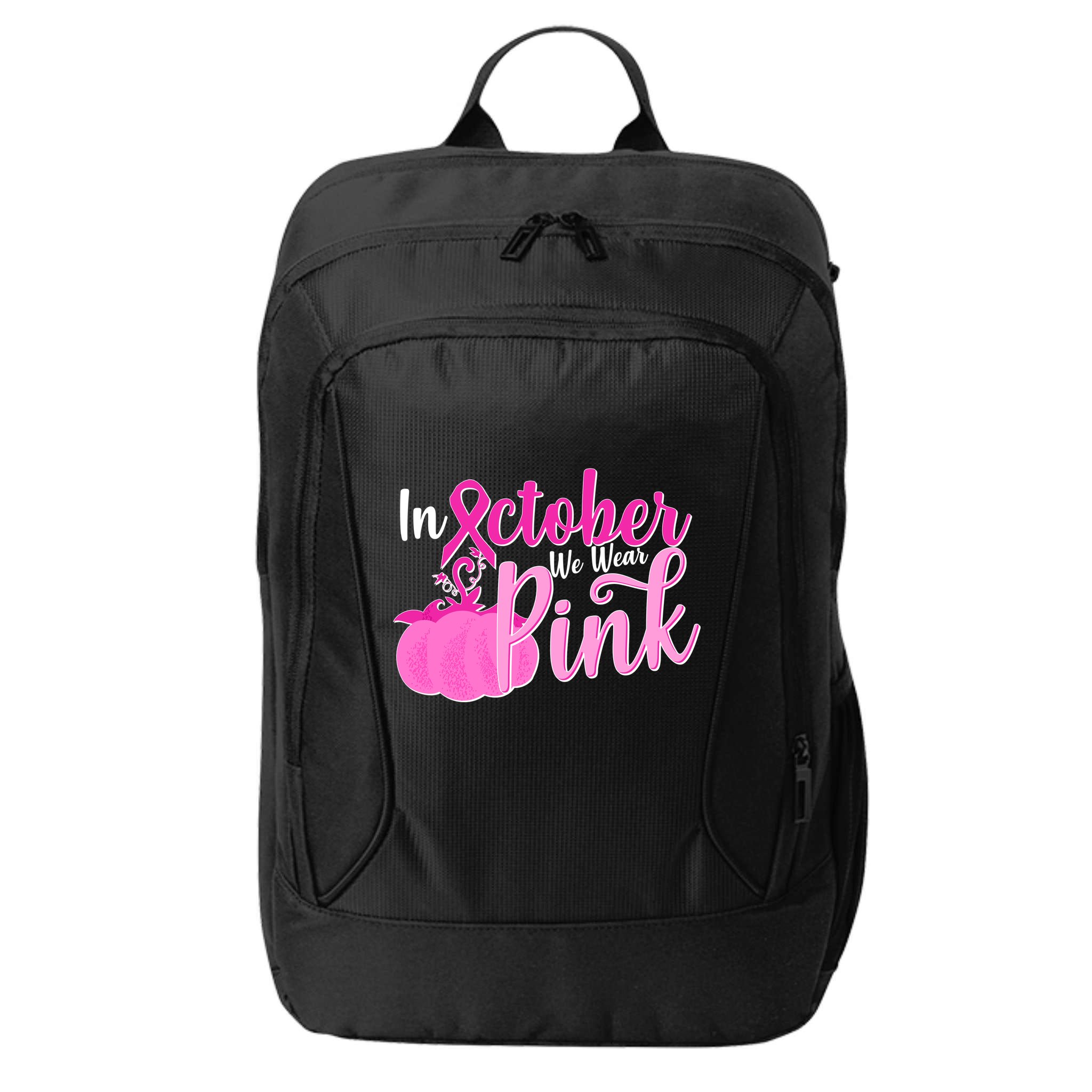 In October We Wear Pink Breast Cancer Awareness Pumpkin City Backpack