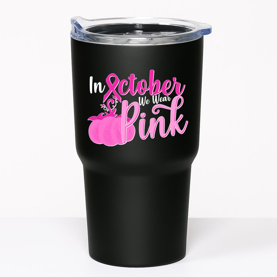 In October We Wear Pink Breast Cancer Awareness Pumpkin Tumbler