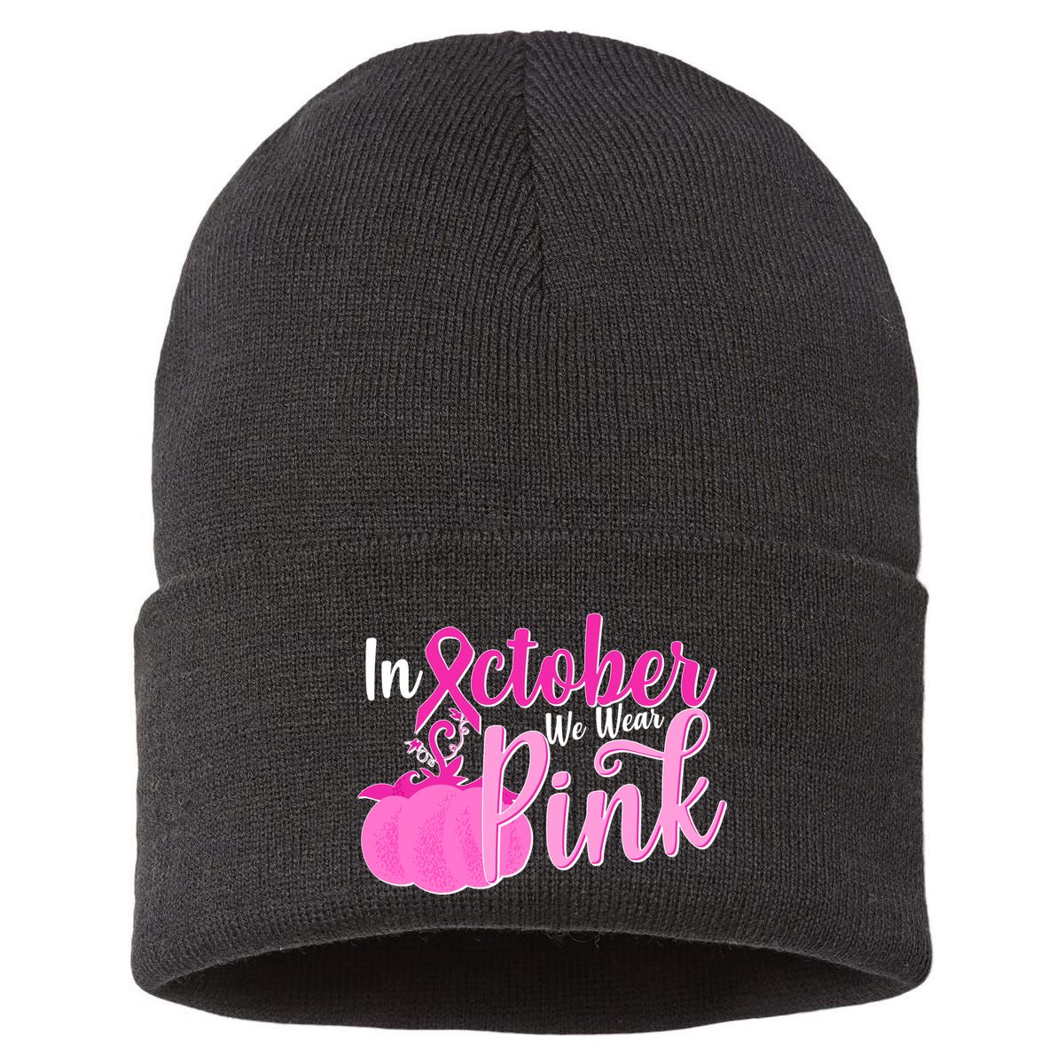 In October We Wear Pink Breast Cancer Awareness Pumpkin Sustainable Knit Beanie