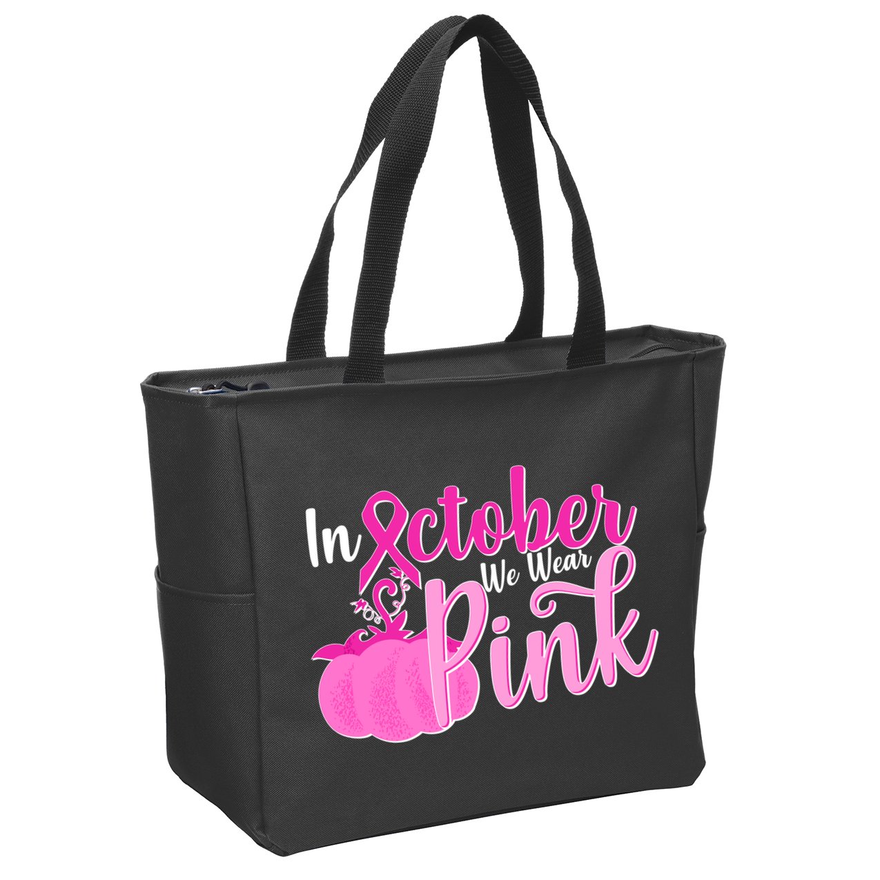 In October We Wear Pink Breast Cancer Awareness Pumpkin Zip Tote Bag