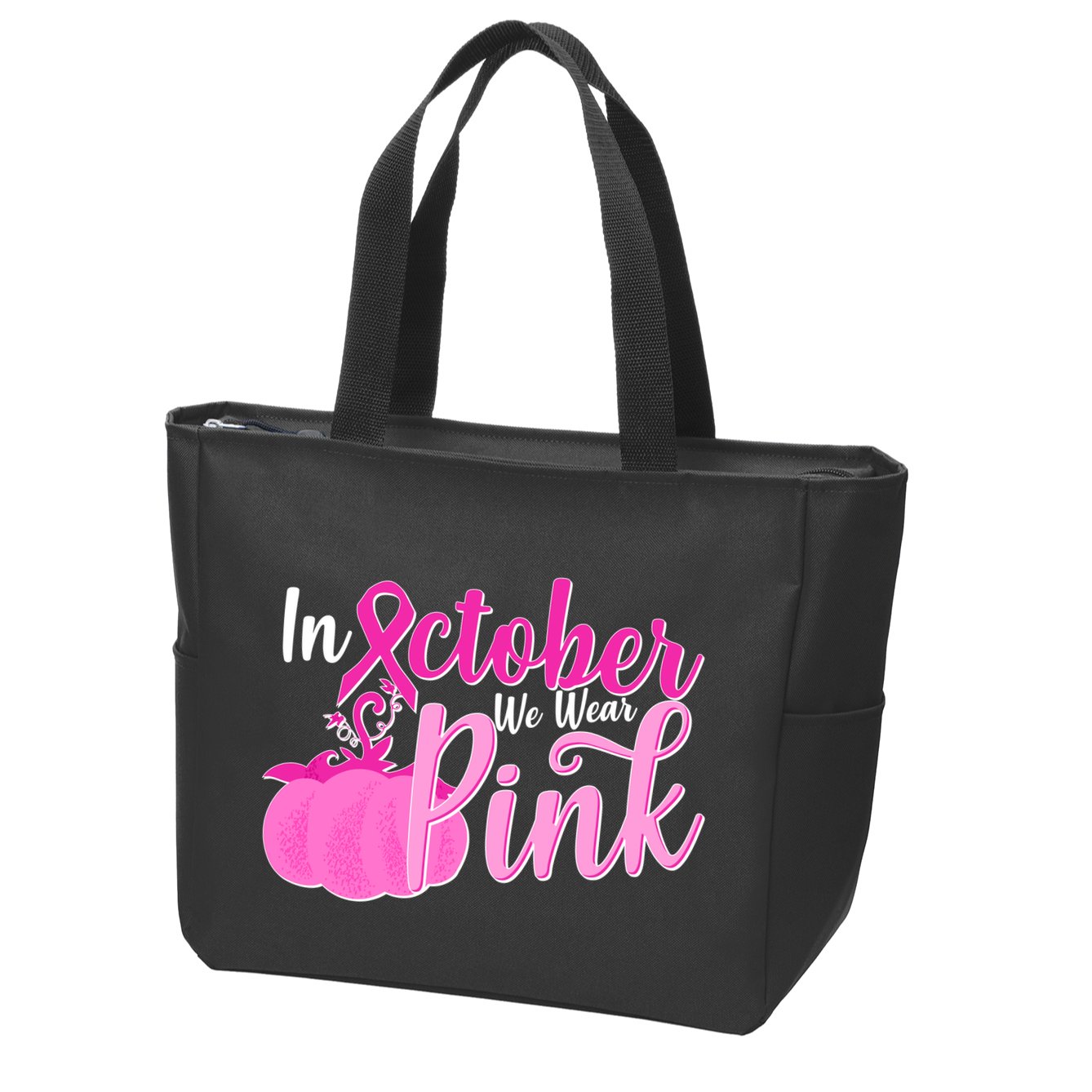 In October We Wear Pink Breast Cancer Awareness Pumpkin Zip Tote Bag