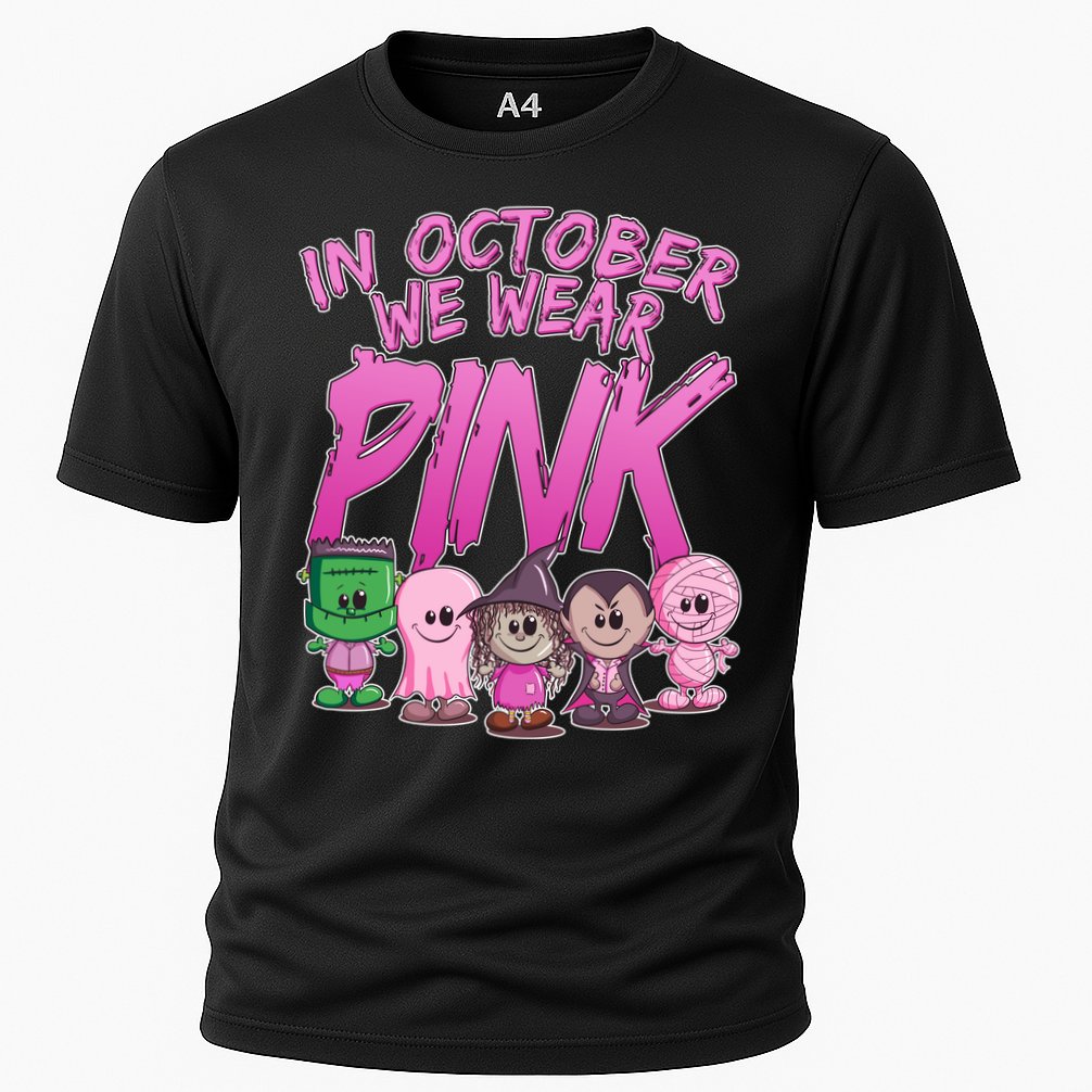 In October We Wear Pink Breast Cancer Halloween Monsters Cooling Performance Crew T-Shirt