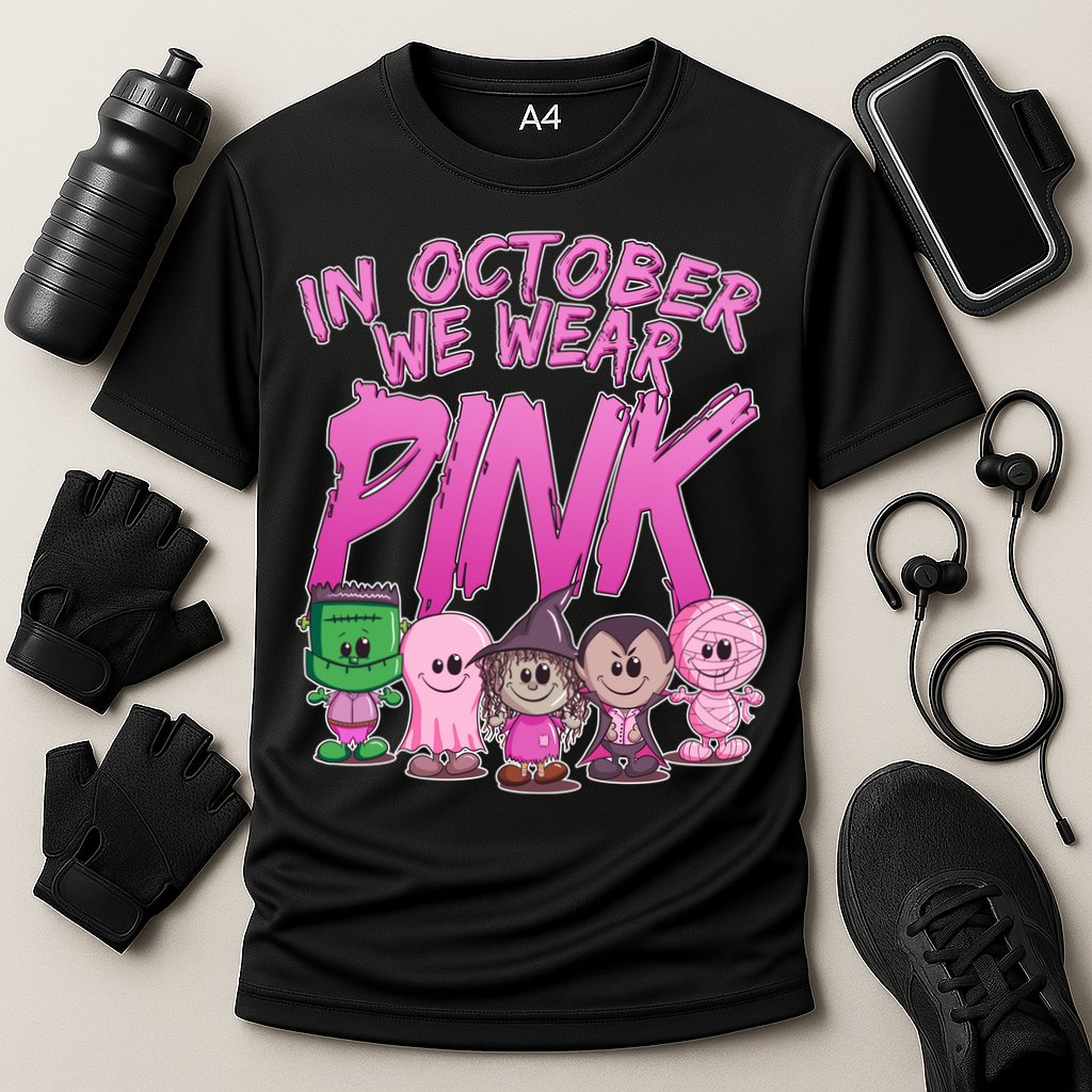 In October We Wear Pink Breast Cancer Halloween Monsters Cooling Performance Crew T-Shirt