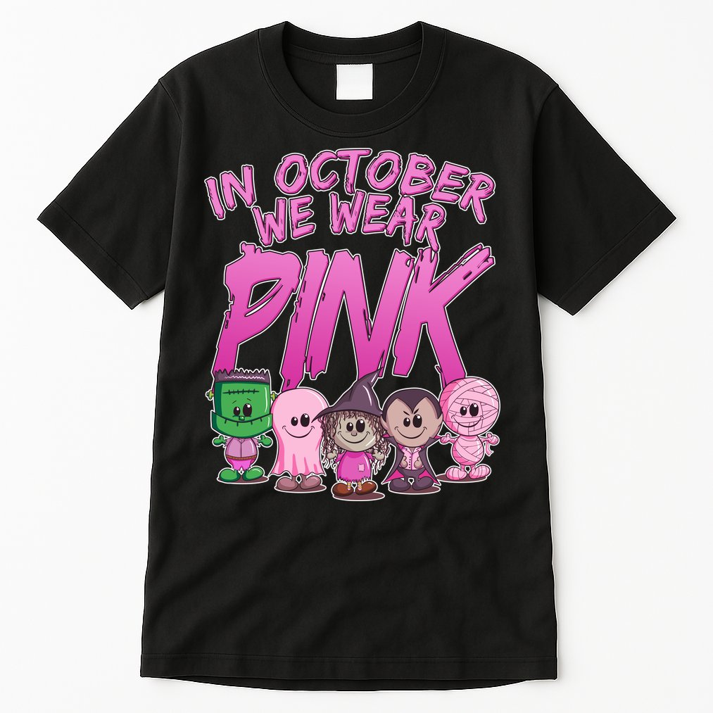 In October We Wear Pink Breast Cancer Halloween Monsters Tall T-Shirt