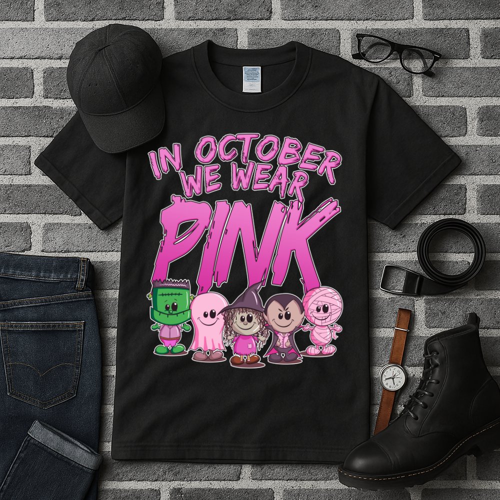 In October We Wear Pink Breast Cancer Halloween Monsters Tall T-Shirt