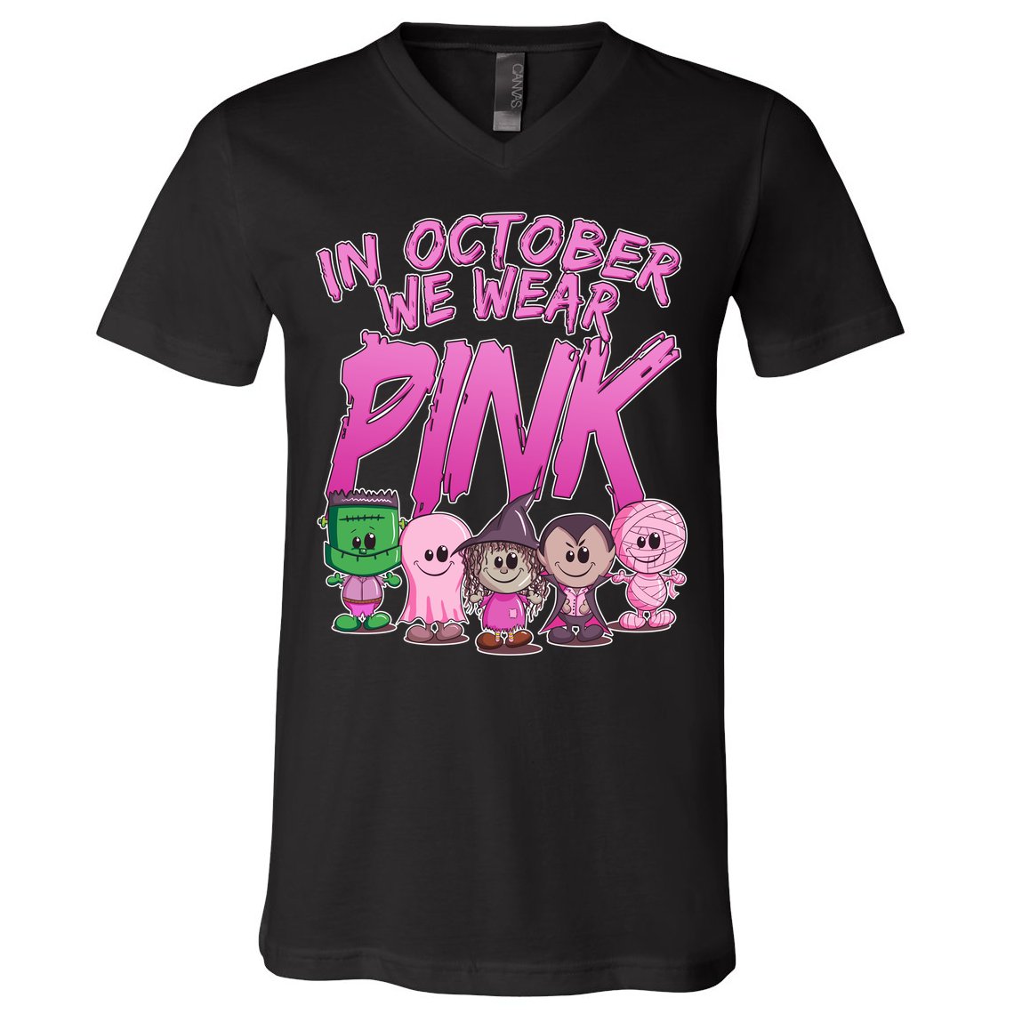 In October We Wear Pink Breast Cancer Halloween Monsters V-Neck T-Shirt