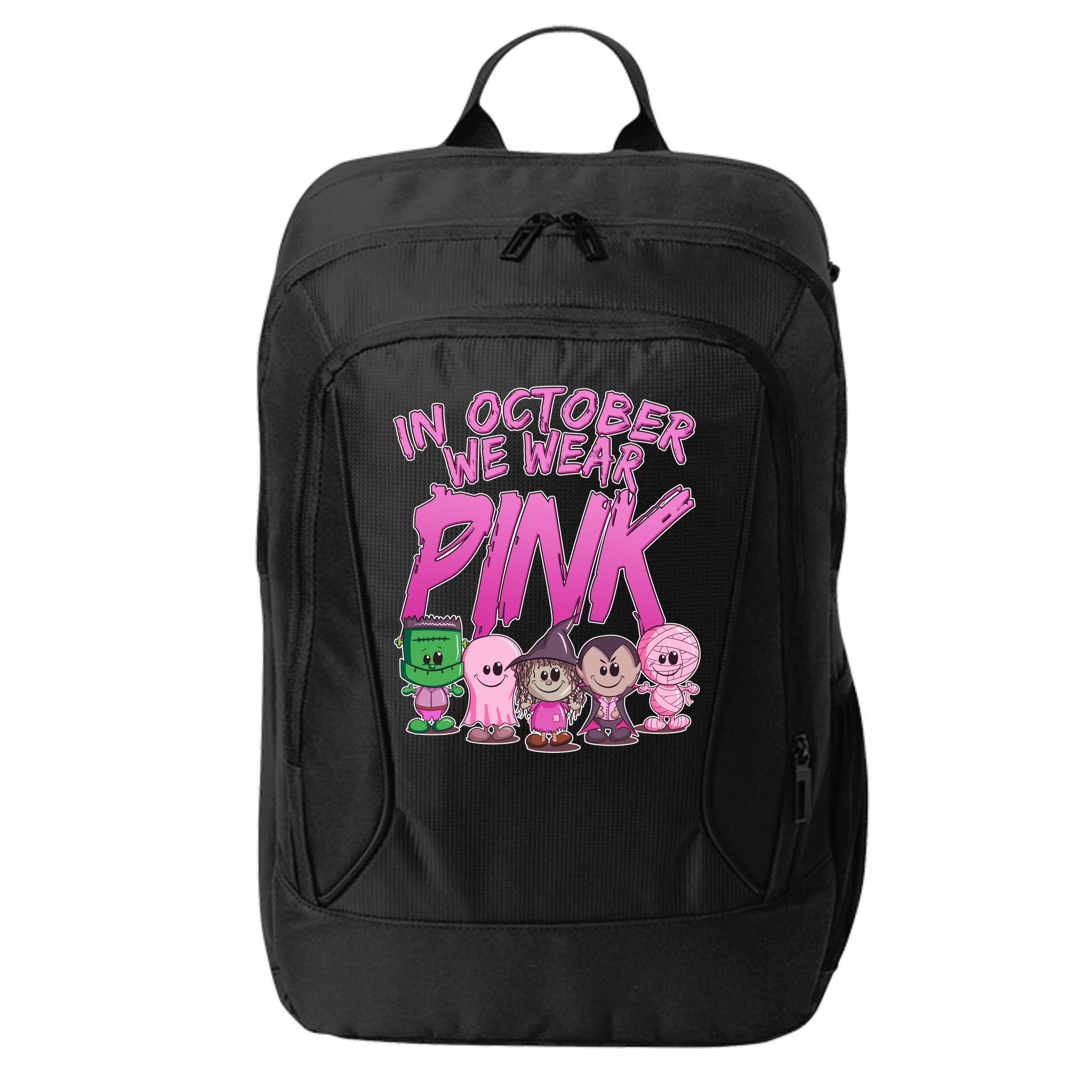 In October We Wear Pink Breast Cancer Halloween Monsters City Backpack