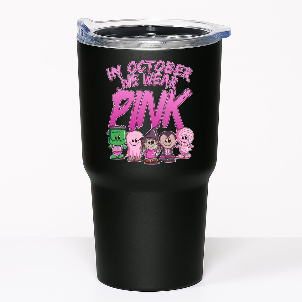 In October We Wear Pink Breast Cancer Halloween Monsters Tumbler