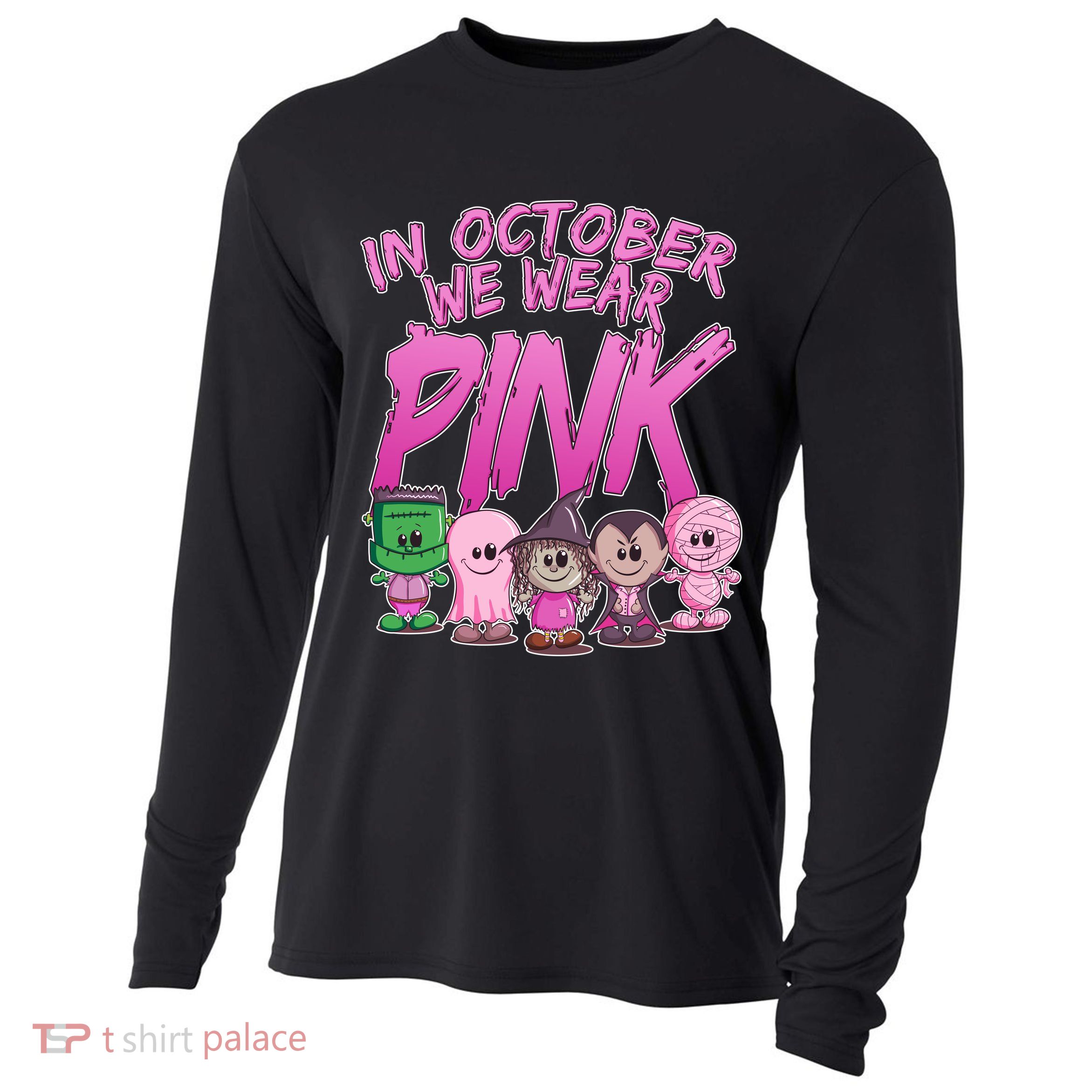 In October We Wear Pink Breast Cancer Halloween Monsters Cooling Performance Long Sleeve Crew