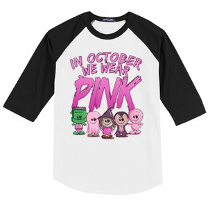 In October We Wear Pink Breast Cancer Halloween Monsters Baseball Sleeve Shirt