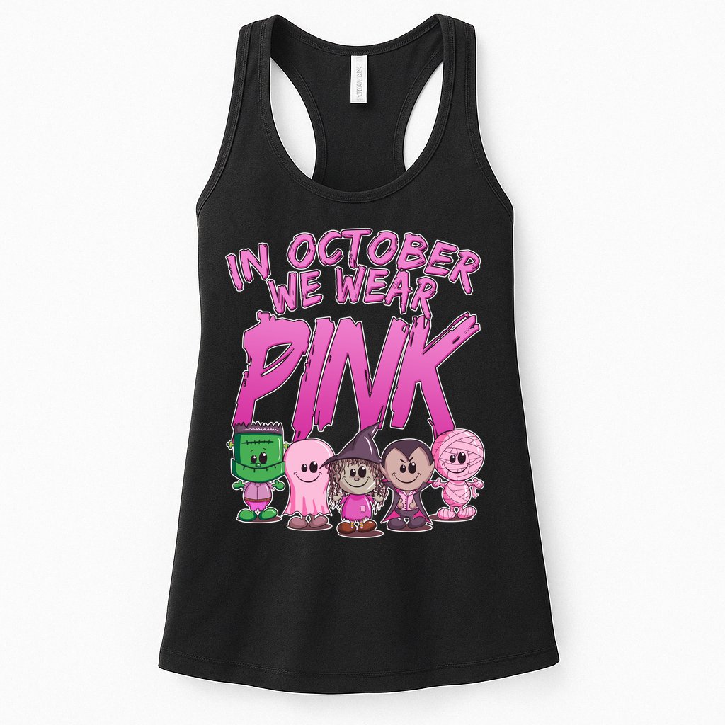 In October We Wear Pink Breast Cancer Halloween Monsters Womens Tank Top