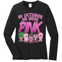 In October We Wear Pink Breast Cancer Halloween Monsters Ladies Long Sleeve Shirt