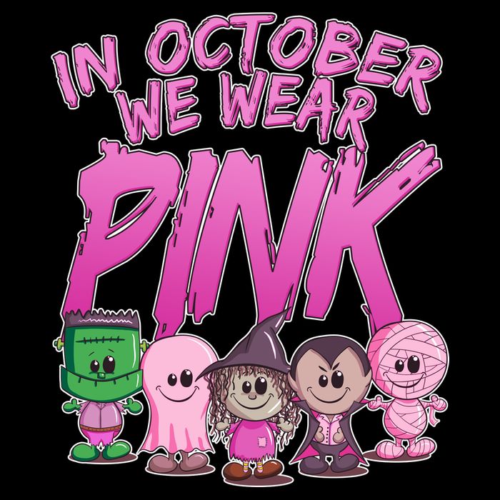 In October We Wear Pink Breast Cancer Halloween Monsters Ladies Long Sleeve Shirt