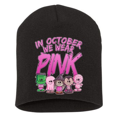 In October We Wear Pink Breast Cancer Halloween Monsters Short Acrylic Beanie