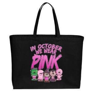 In October We Wear Pink Breast Cancer Halloween Monsters Cotton Canvas Jumbo Tote