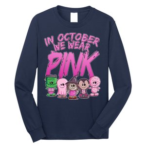 In October We Wear Pink Breast Cancer Halloween Monsters Long Sleeve Shirt