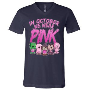 In October We Wear Pink Breast Cancer Halloween Monsters V-Neck T-Shirt