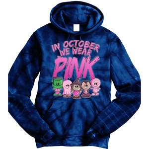 In October We Wear Pink Breast Cancer Halloween Monsters Tie Dye Hoodie