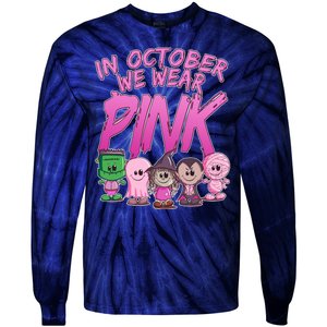 In October We Wear Pink Breast Cancer Halloween Monsters Tie-Dye Long Sleeve Shirt