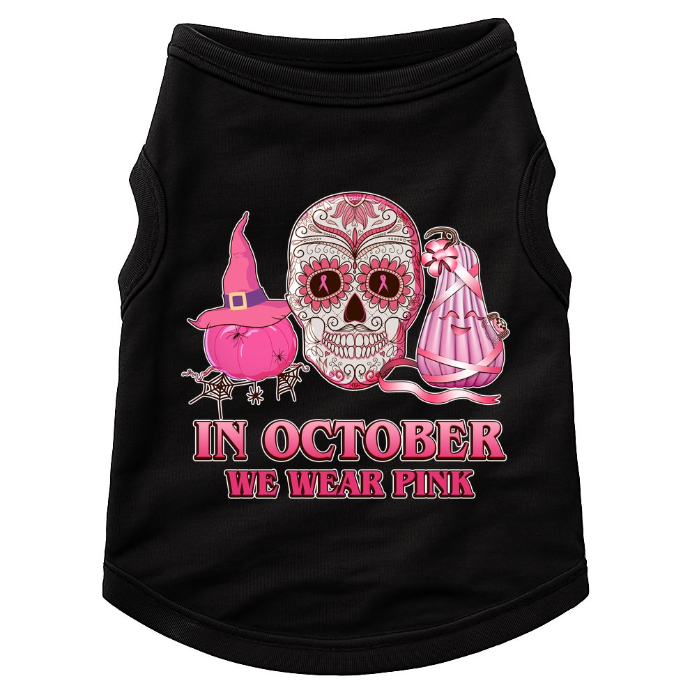 In October We Wear Pink Breast Cancer Halloween Skull Doggie Tank