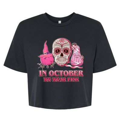 In October We Wear Pink Breast Cancer Halloween Skull Bella+Canvas Jersey Crop Tee