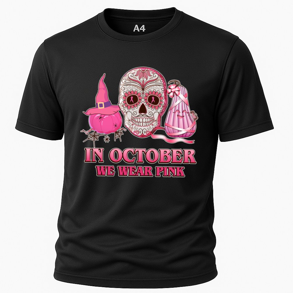 In October We Wear Pink Breast Cancer Halloween Skull Performance Shirt