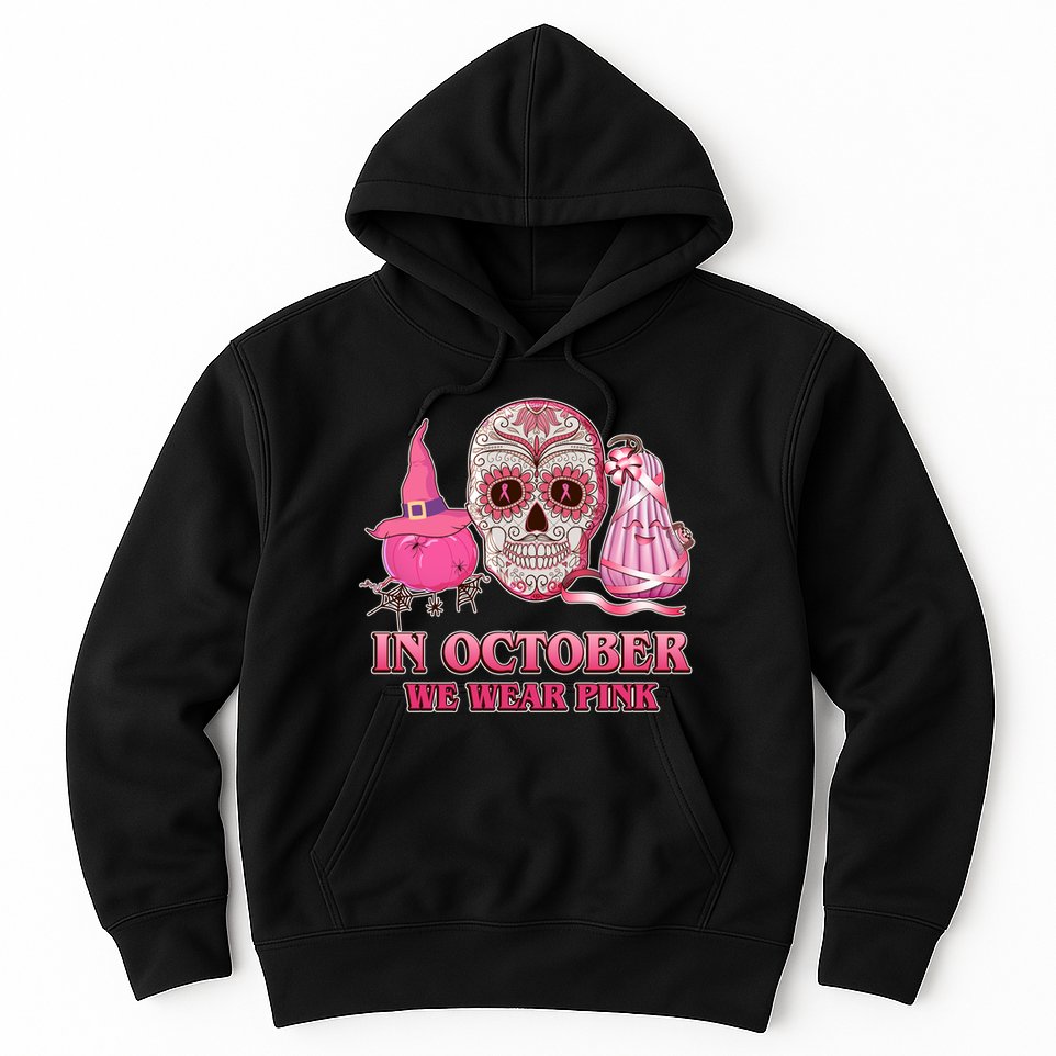In October We Wear Pink Breast Cancer Halloween Skull Hoodie