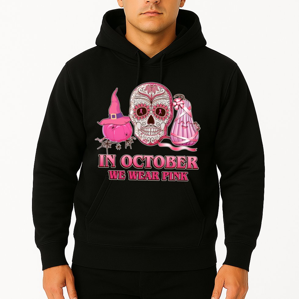 In October We Wear Pink Breast Cancer Halloween Skull Hoodie