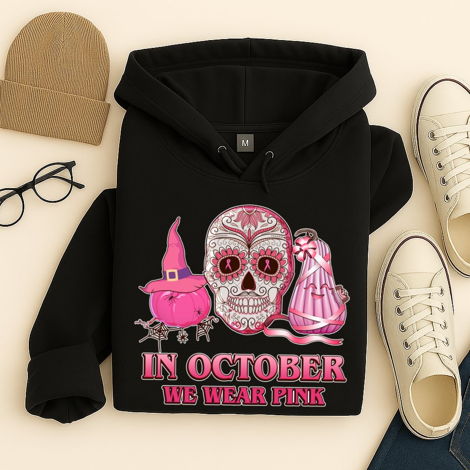 In October We Wear Pink Breast Cancer Halloween Skull Hoodie