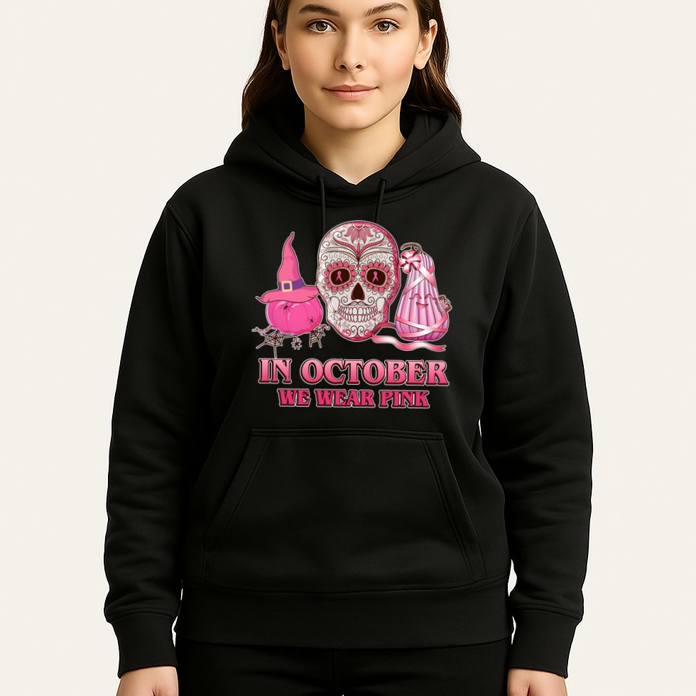 In October We Wear Pink Breast Cancer Halloween Skull Hoodie